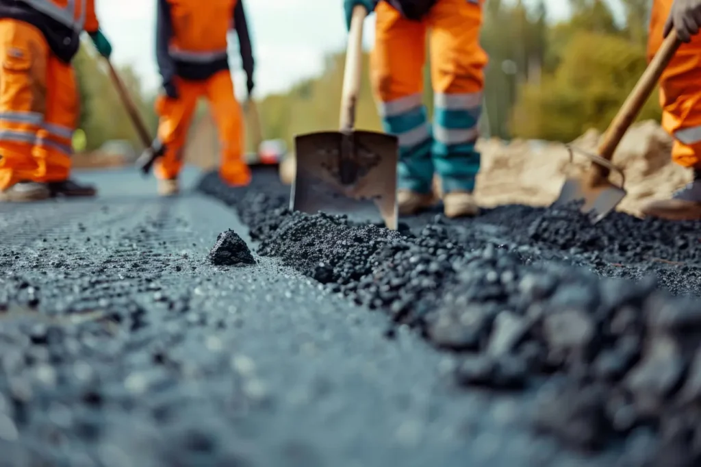 Workers laying fresh asphalt for a carpark project with Asphalt Carpark Construction Wairarapa and Manawatu Concrete.